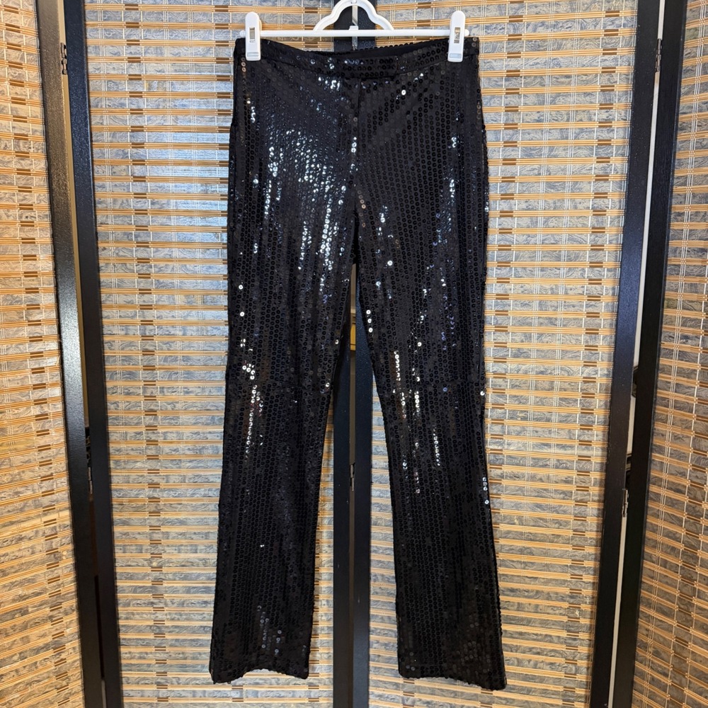 Vintage Cache Black Sequin Flare Pants 10 Y2K Disco Party Glam Made Canada
